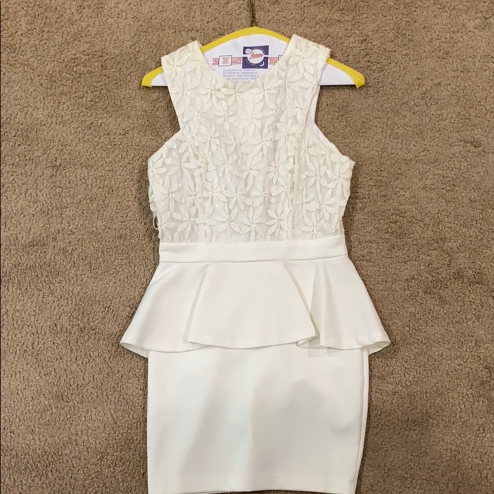 White peplum dress, floral lace top